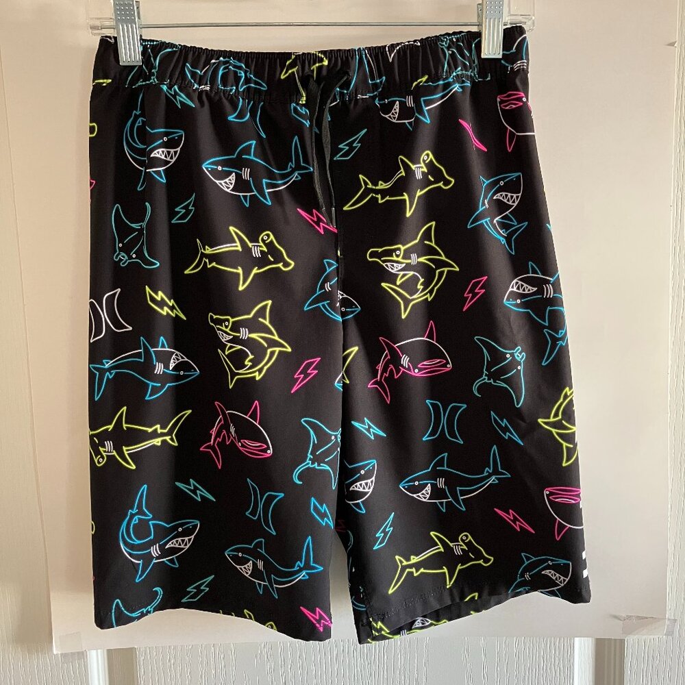 Boys Hurley Swimming Trunks Size 14/16 Neon Sharks Swim Trunks Black.